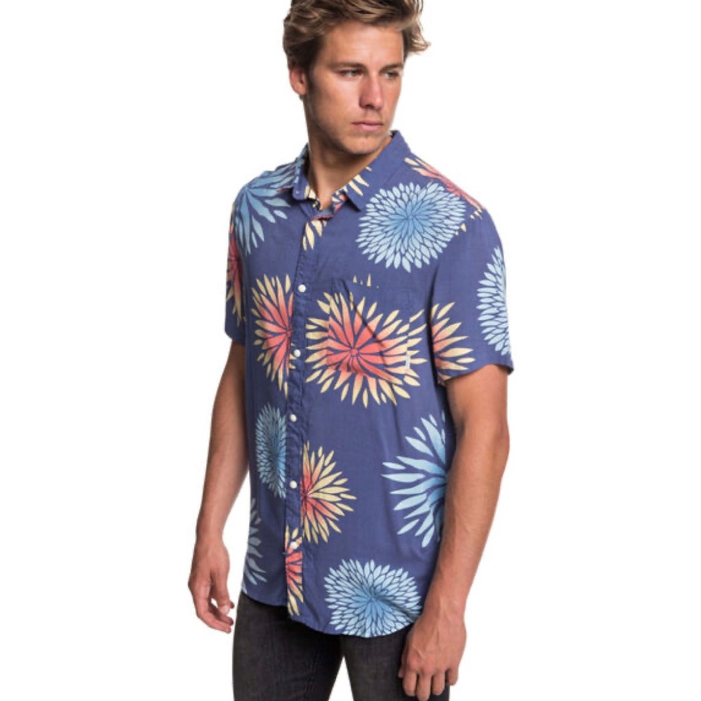 Quiksilver Variable Floral Bijou Blue SS Button Down Shirt Mens Large Modern Fit - Picture 8 of 8